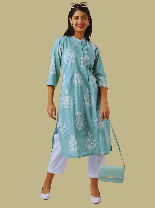 Pure Cotton Straight Kurti in Hand Block Printed Fabric