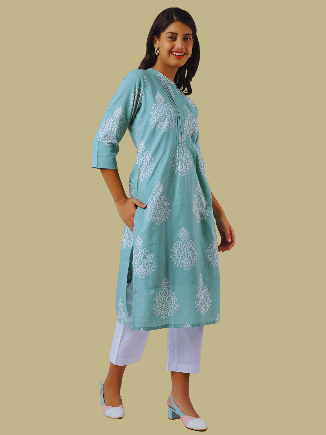 Pure Cotton Straight Kurti in Hand Block Printed Fabric