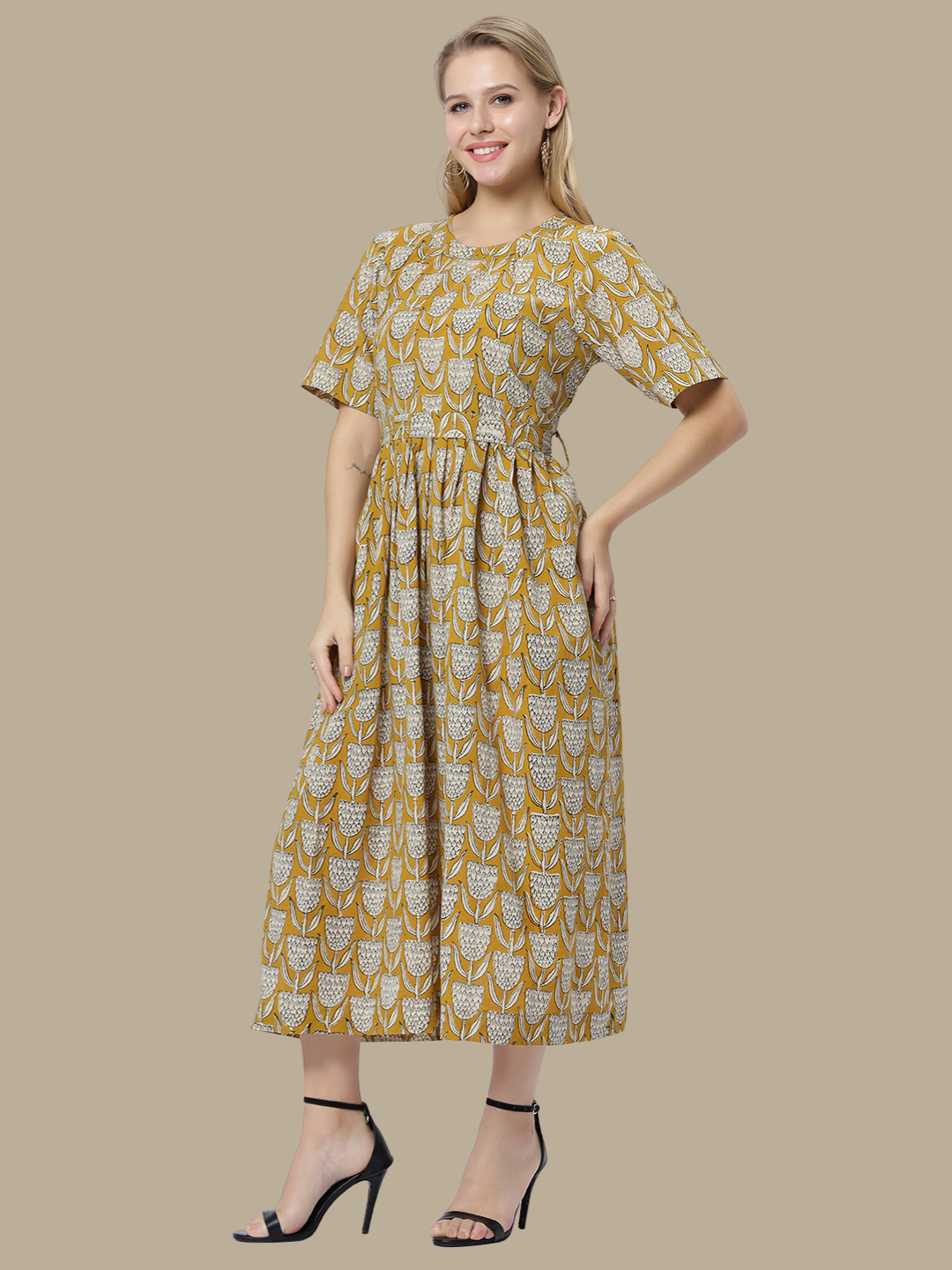 Handloom Cotton Dress in Hand Block printed Fabric