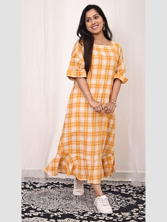 One Piece Dress in Handloom Cotton Khadi Check Fabric