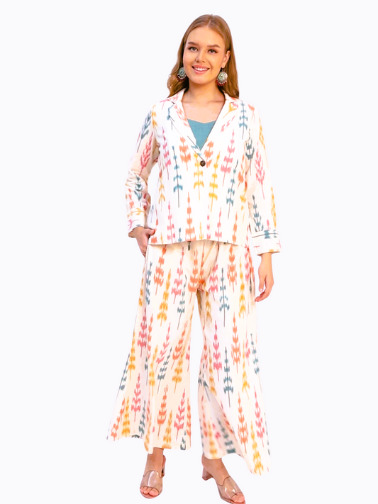 Pure Cotton Three Piece Jacket Dress From Handwoven Ikat Fabric