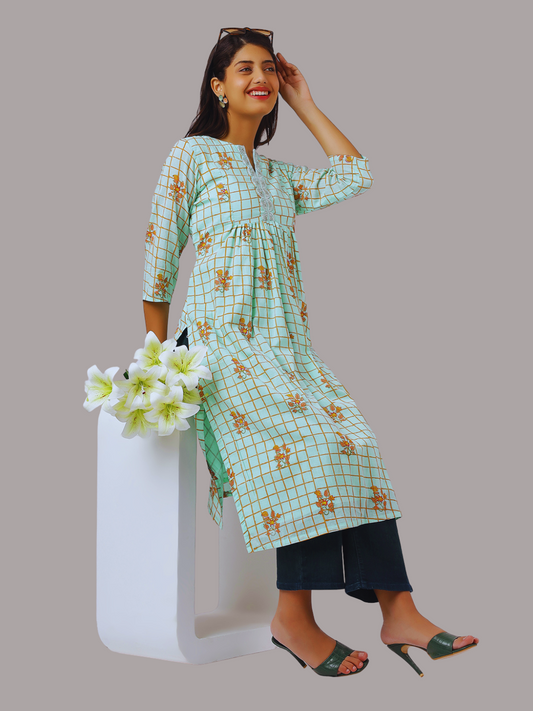 Pure Cotton Straight Kurti in Hand Block Printed Fabric