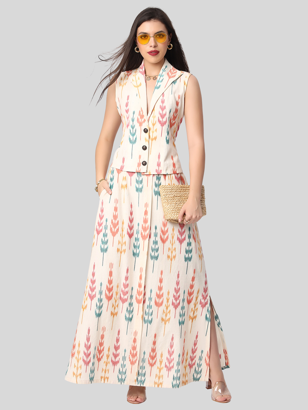 Cotton Top & Skirt Set in Premium Ikat Fabric