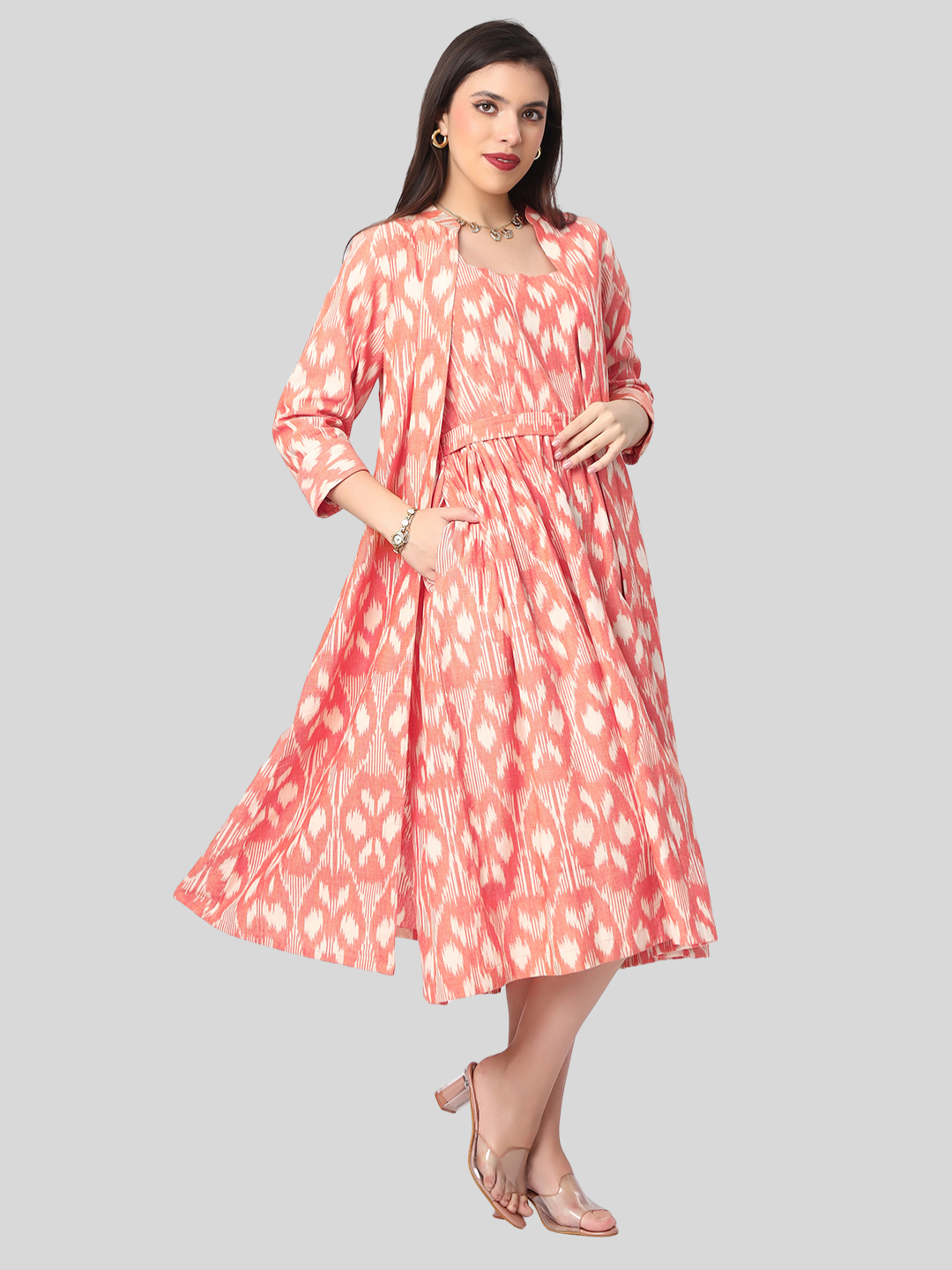 Handloom Ikat Cotton Two Piece Jacket Dress