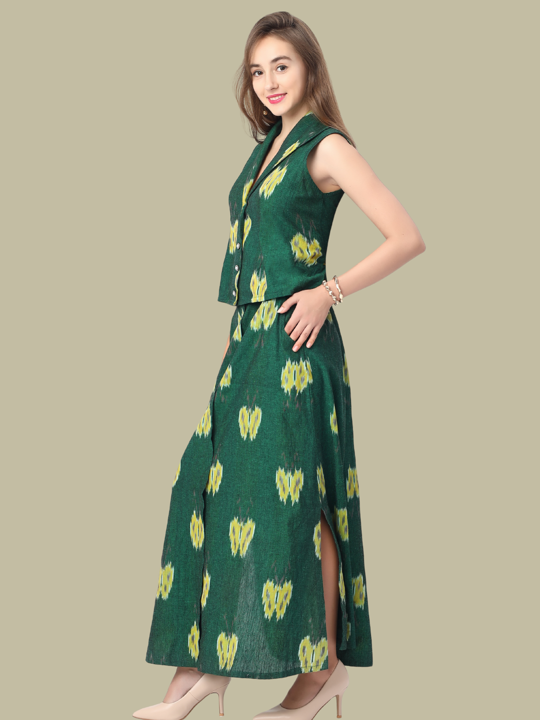 Handloom Cotton Top & Skirt Set in Ikat Fabric