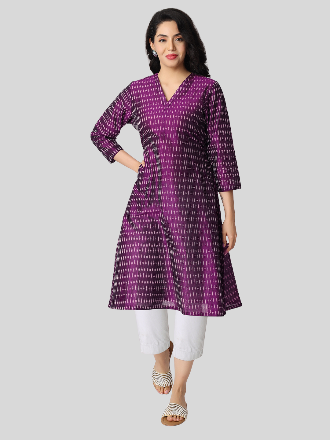 Pure Cotton A Line Kurti in Handloom Ikat Fabric