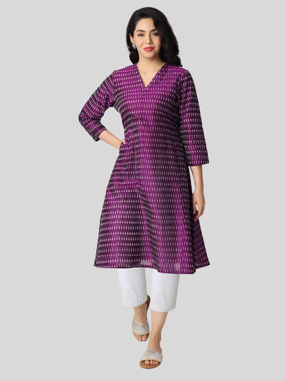 Pure Cotton A Line Kurti in Handloom Ikat Fabric