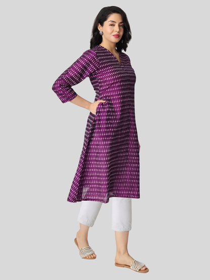 Pure Cotton A Line Kurti in Handloom Ikat Fabric