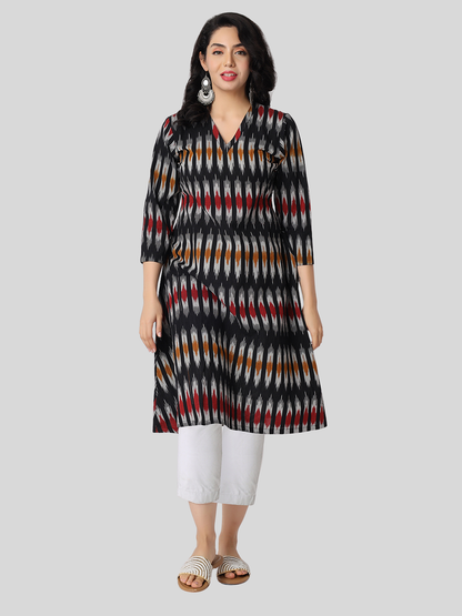 Pure Cotton A Line Kurti in Handloom Ikat Fabric