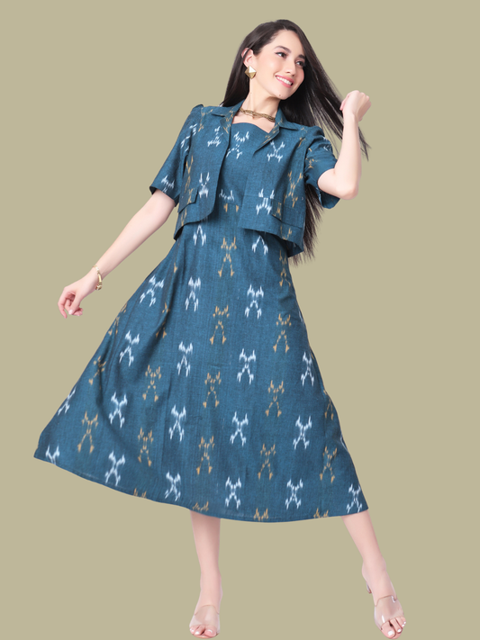 Handloom Ikat Cotton Two Piece Jacket Dress