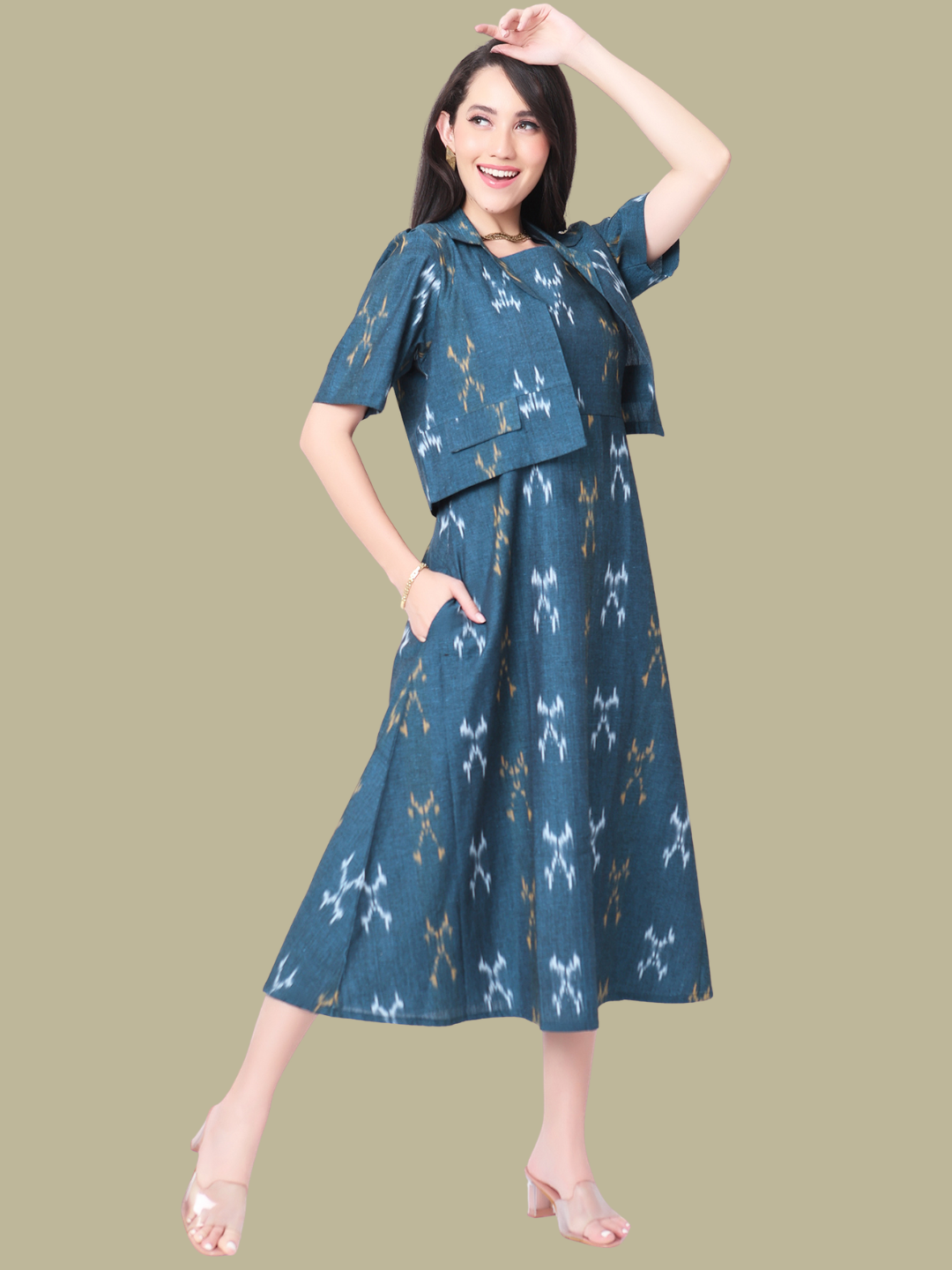 Handloom Ikat Cotton Two Piece Jacket Dress