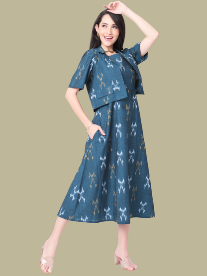 Handloom Ikat Cotton Two Piece Jacket Dress