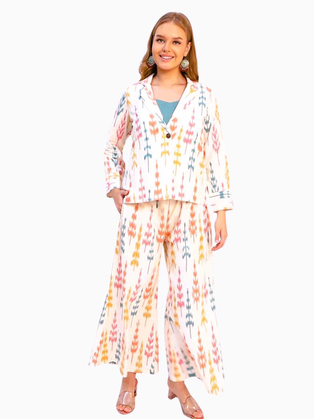 Pure Cotton Three Piece Jacket Dress From Handwoven Ikat Fabric
