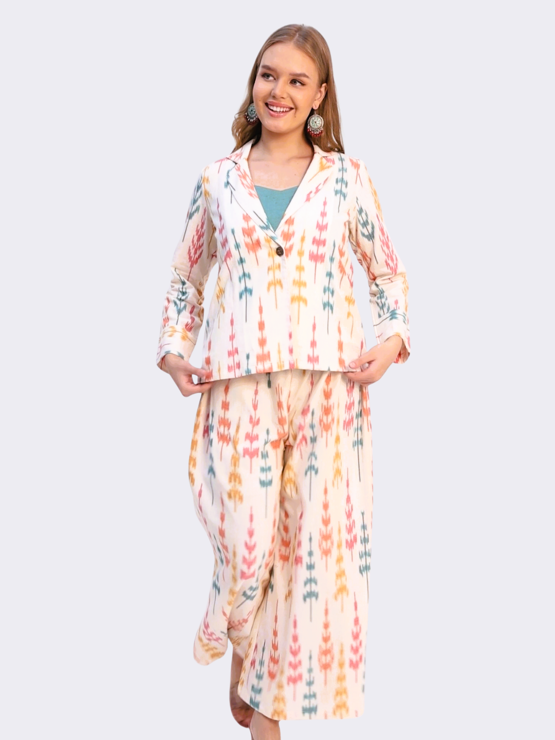 Pure Cotton Three Piece Jacket Dress From Handwoven Ikat Fabric