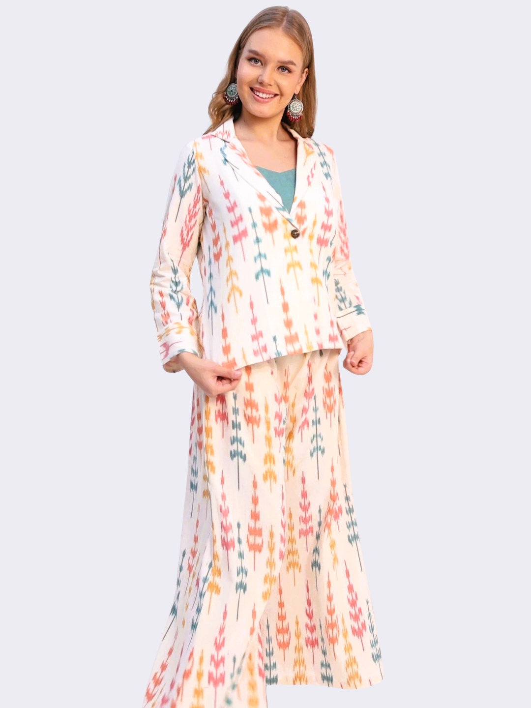 Pure Cotton Three Piece Jacket Dress From Handwoven Ikat Fabric