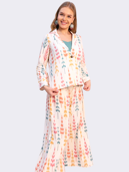Pure Cotton Three Piece Jacket Dress From Handwoven Ikat Fabric