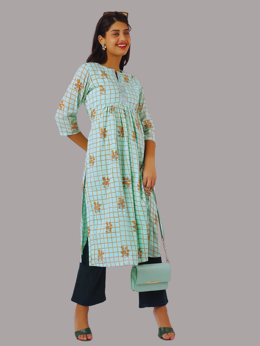 Pure Cotton Straight Kurti in Hand Block Printed Fabric