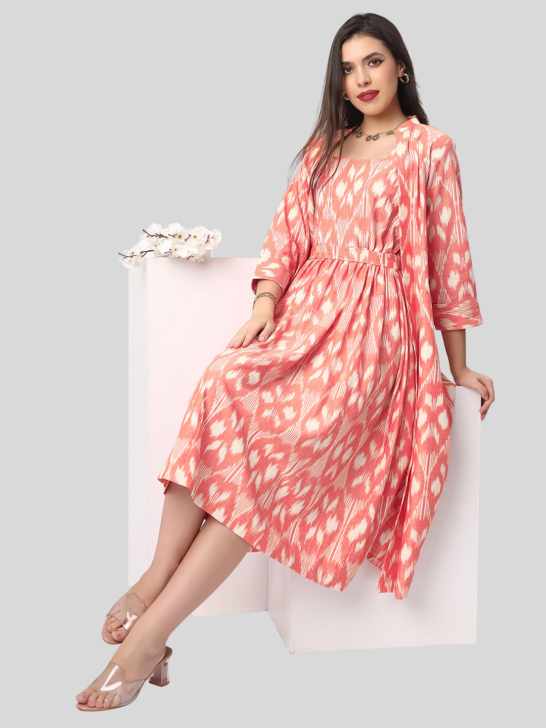 Handloom Ikat Cotton Two Piece Jacket Dress