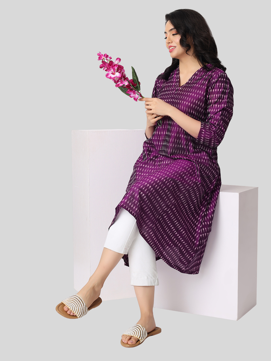 Pure Cotton A Line Kurti in Handloom Ikat Fabric