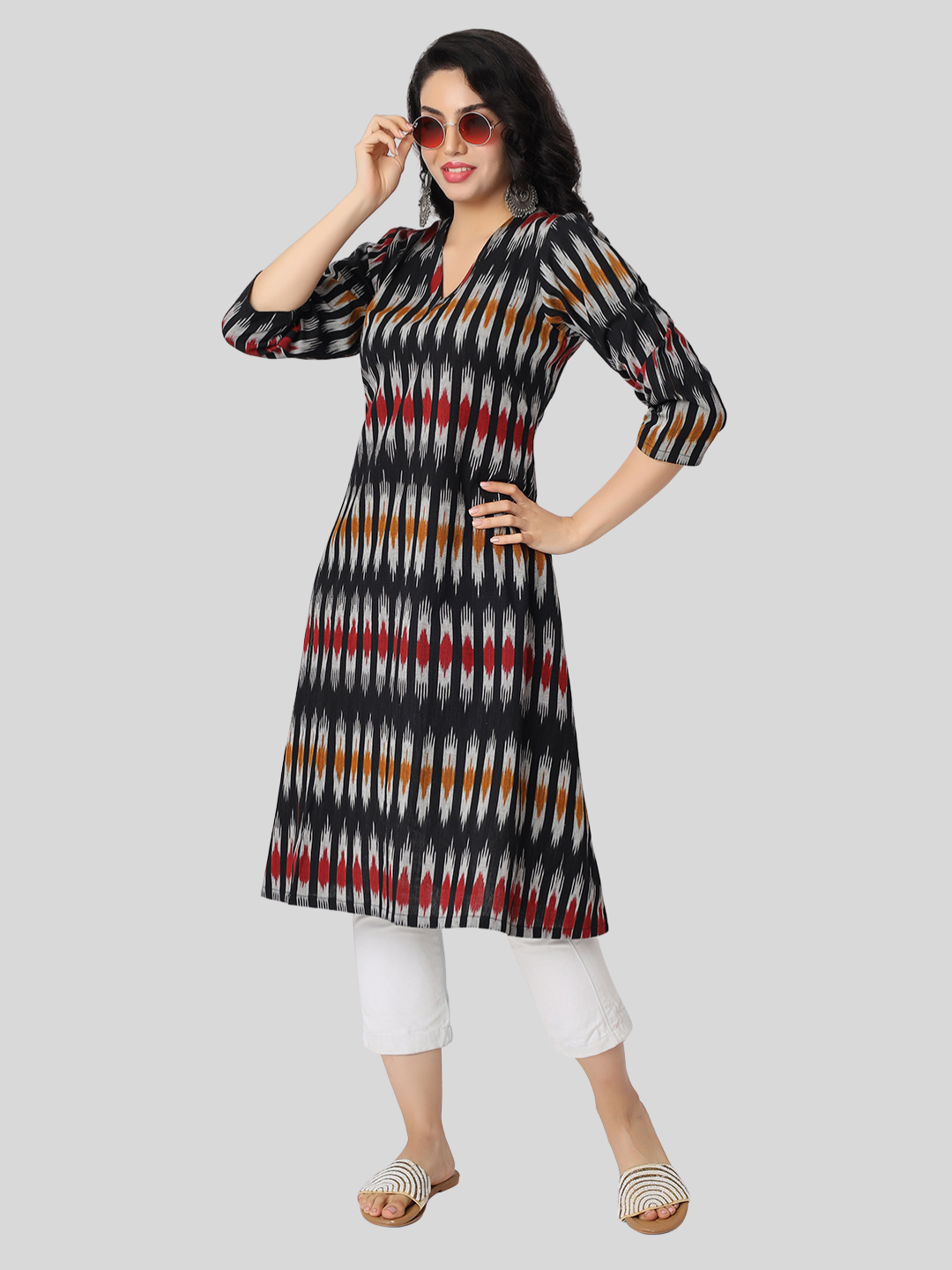 Pure Cotton A Line Kurti in Handloom Ikat Fabric