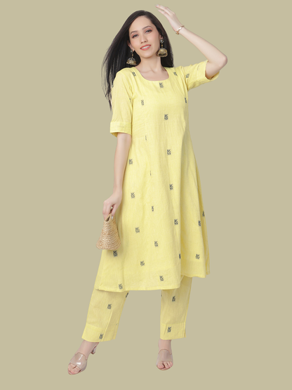 Cotton Kurti and Pant Set in Handwoven Jamdani Cotton Fabric