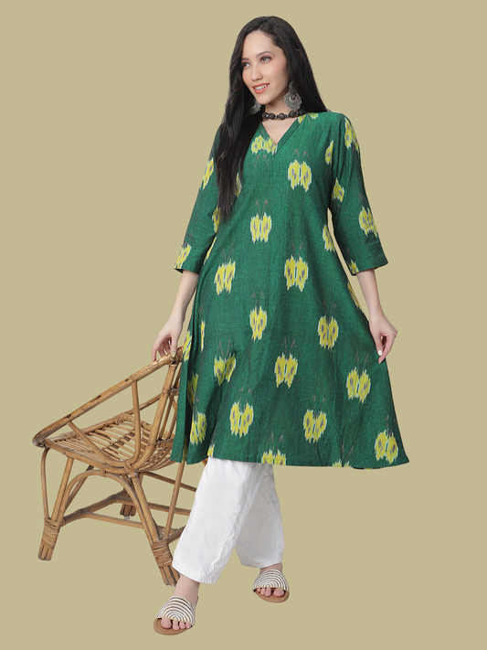 Pure Cotton A Line Kurti in Handloom Ikat Fabric
