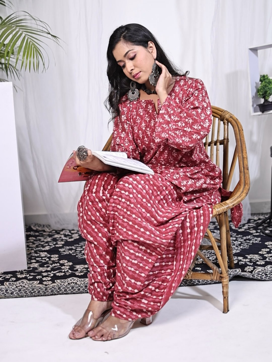 Kurti and Pant Set in Hand Block Printed Dabu Cotton Fabric