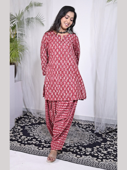 Kurti and Pant Set in Hand Block Printed Dabu Cotton Fabric