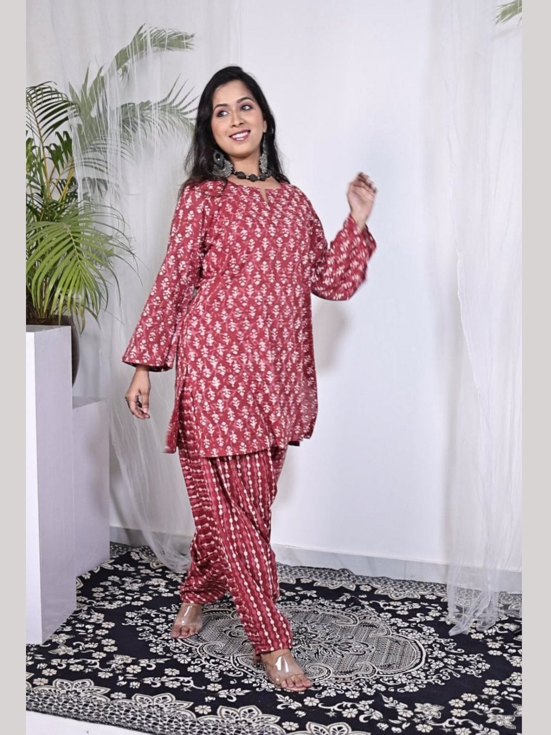 Kurti and Pant Set in Hand Block Printed Dabu Cotton Fabric