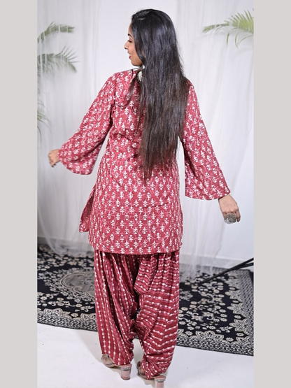Kurti and Pant Set in Hand Block Printed Dabu Cotton Fabric