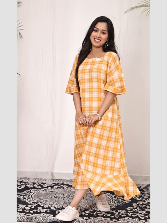 One Piece  Dress in Handloom Cotton Khadi Check Fabric