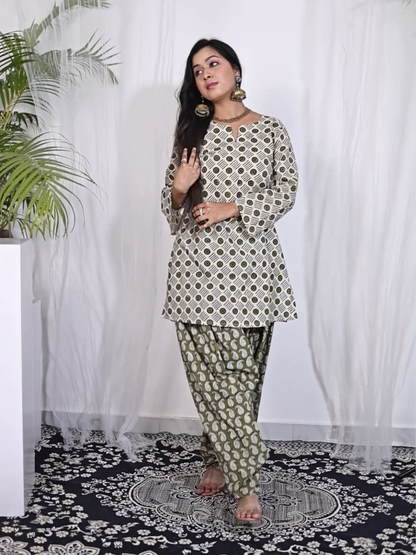 Kurti and Pant Set in Hand Block Printed Bagru Cotton Fabric