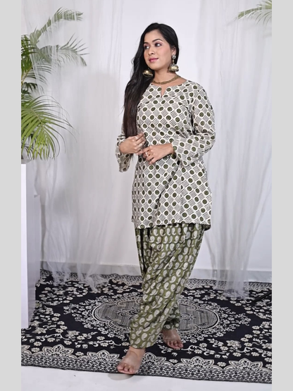 Kurti and Pant Set in Hand Block Printed Bagru Cotton Fabric