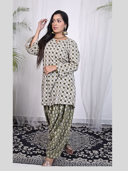 Kurti and Pant Set in Hand Block Printed Bagru Cotton Fabric