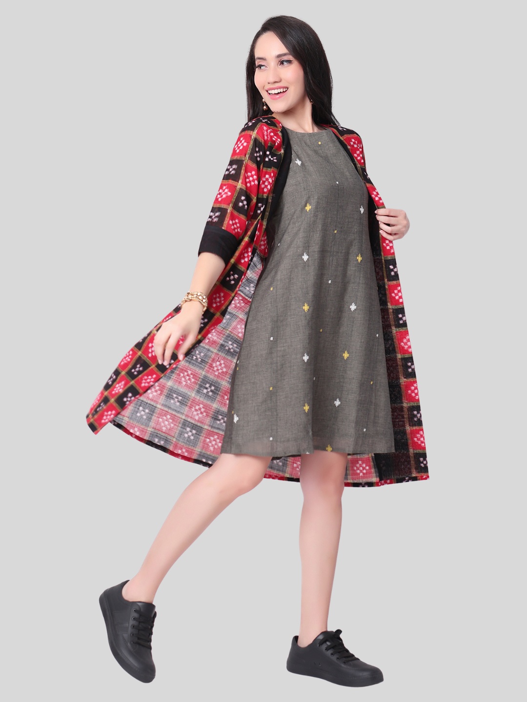Handloom Two Piece Jacket Dress in Jamdani and Sambalpuri Cotton Fabric