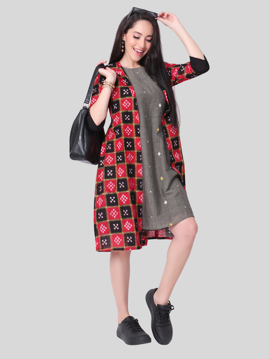 Handloom Two Piece Jacket Dress in Jamdani and Sambalpuri Cotton Fabric