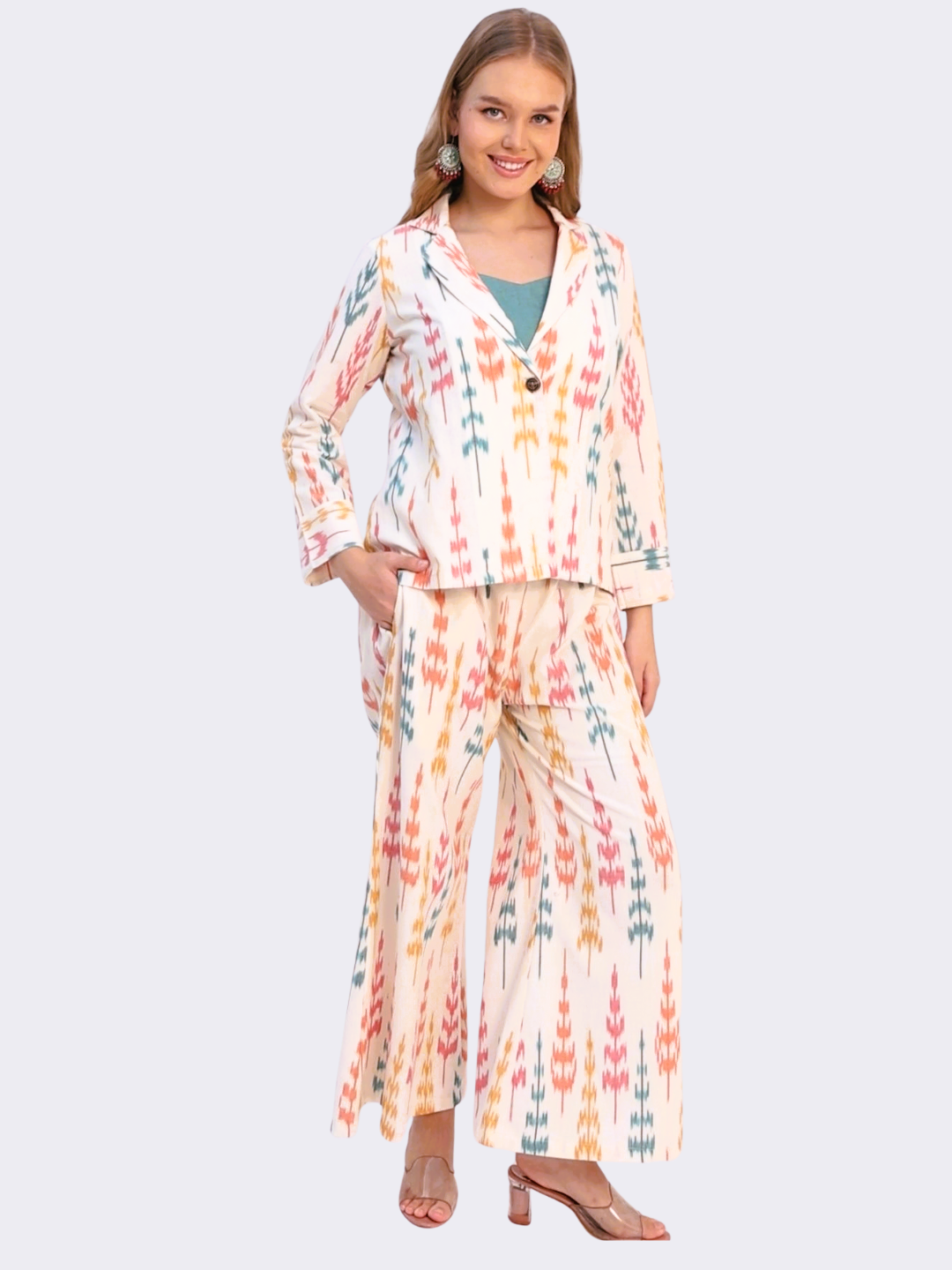 Pure Cotton Three Piece Jacket Dress From Handwoven Ikat Fabric